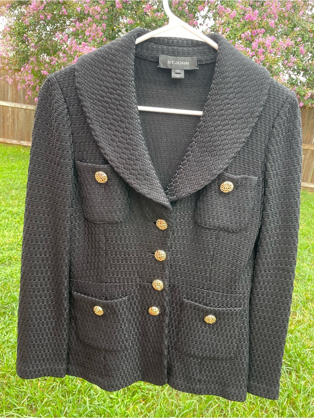 St. John Black Textured Knit Blazer with Gold Buttons